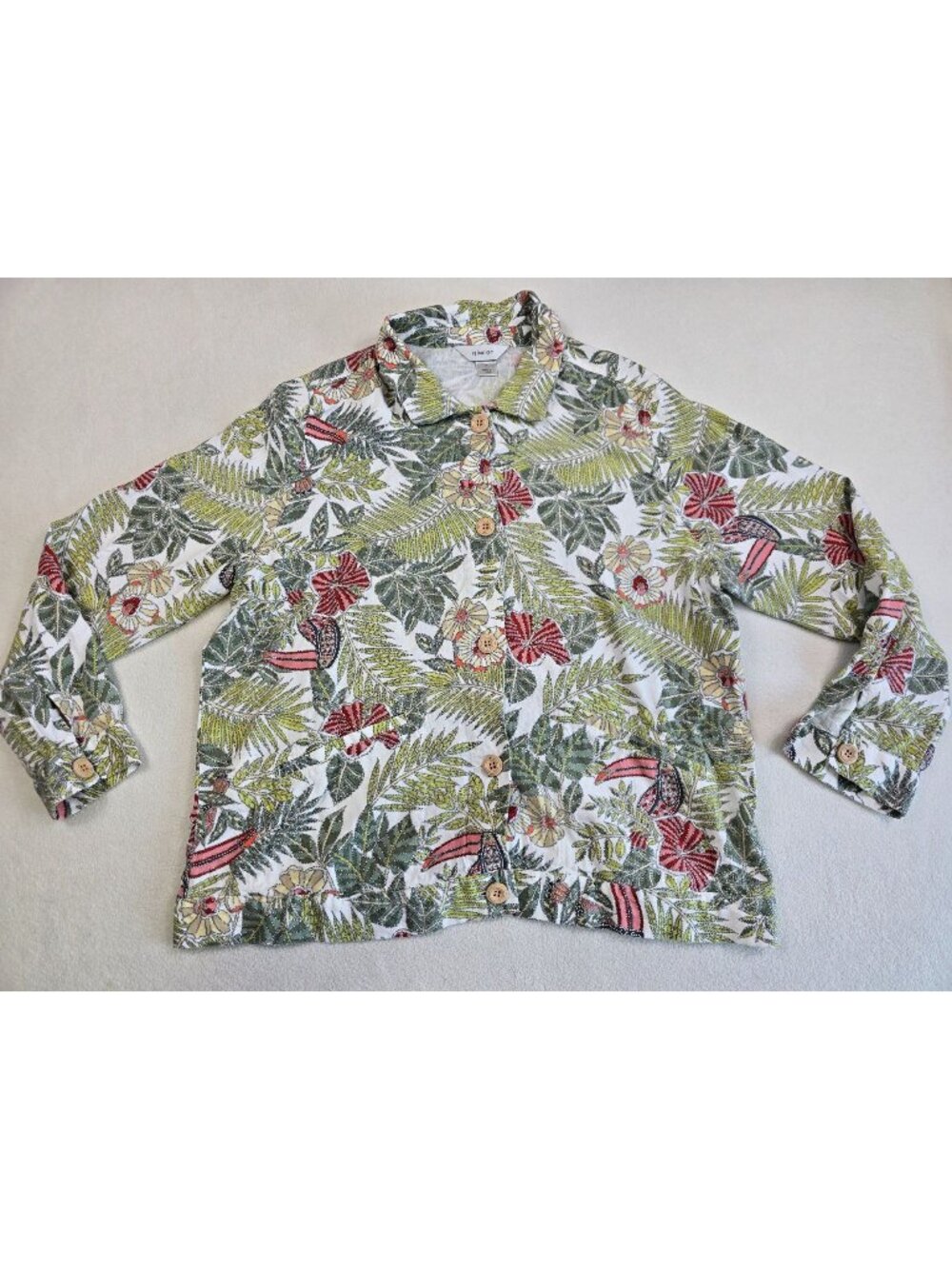 CJ Banks Womens X 1X Tropical Leaf & Floral Print Blouse Linen Blend